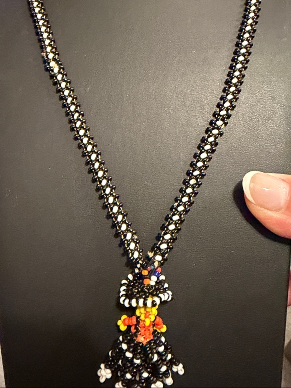 Vintage doll hand beaded Native American  Beaded Black Gold Tassel Necklace 22”
